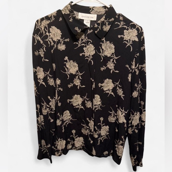 Vintage 90s Jones New York Black and Cream Floral Button Down Blouse - Picture 1 of 8